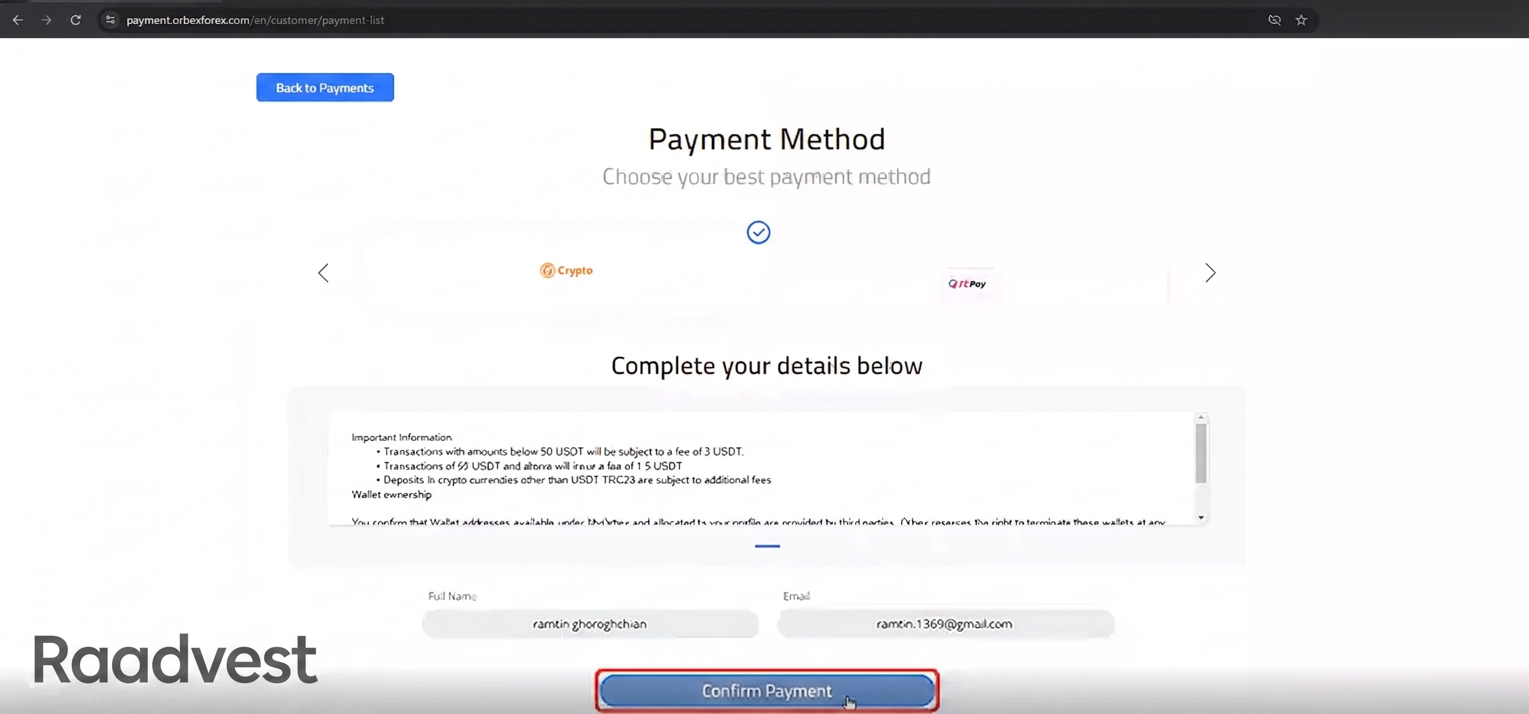 بروکر اوربکس — گام 7: کلیک روی Confirm Payment