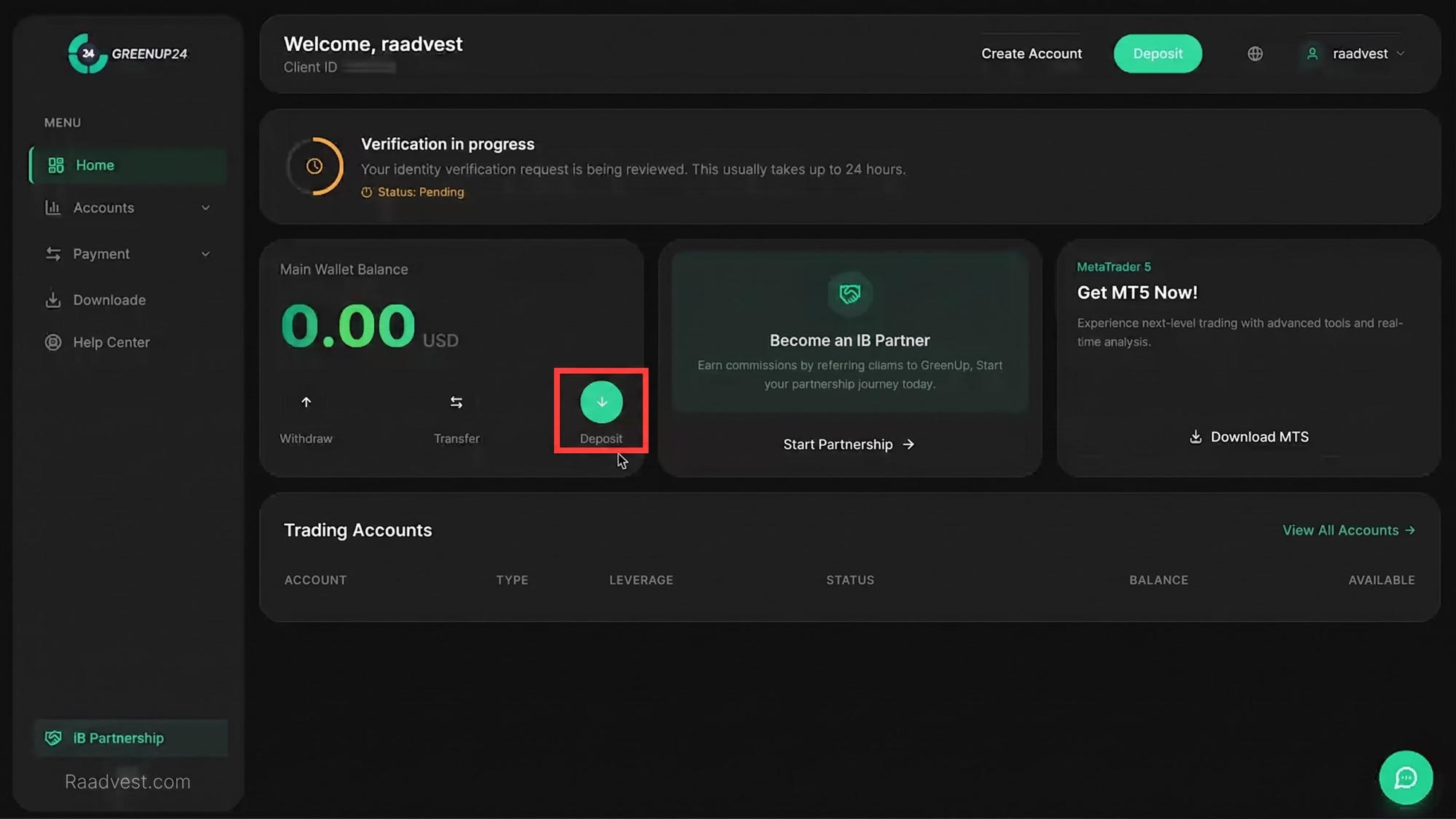 بروکر گرین آپ ۲۴ — گام 1: وارد بخش deposit شوید