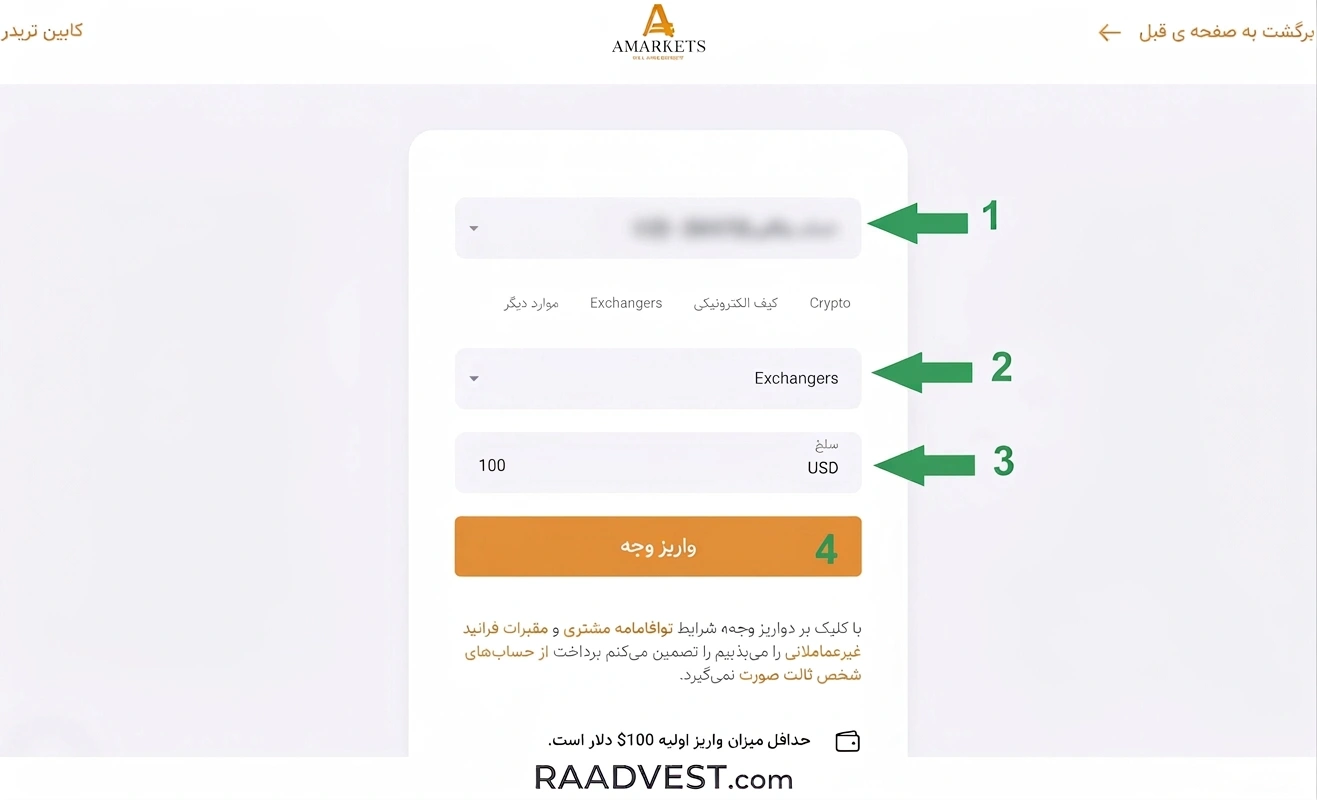 بروکر آمارکتس — گام 2: ورود به بخش واریز وجه