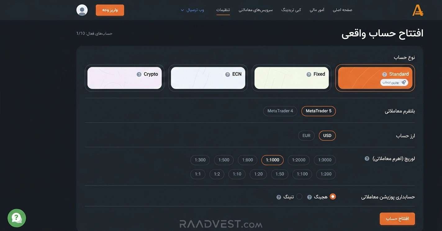 بروکر آمارکتس — گام 5: انتخاب نوع حساب